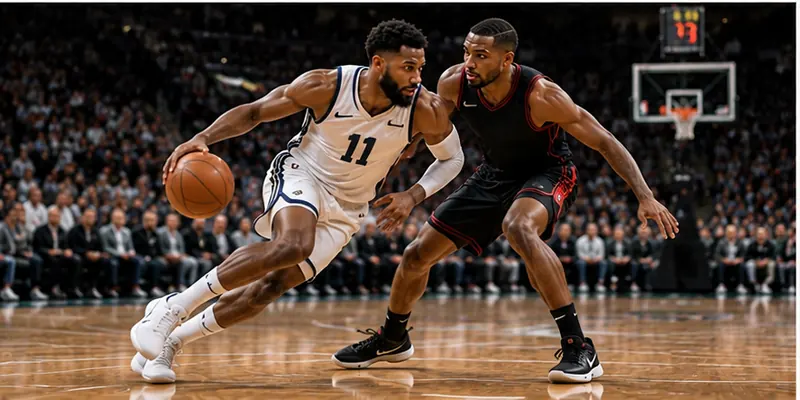 Basketball athletes contest possession during a fast-paced professional arena game.