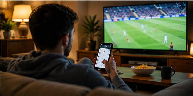 A football supporter reviews sports information on a smartphone while watching television
