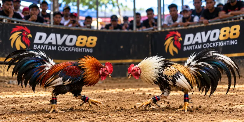 An arena setting illustrates the presentation of traditional rooster competition footage