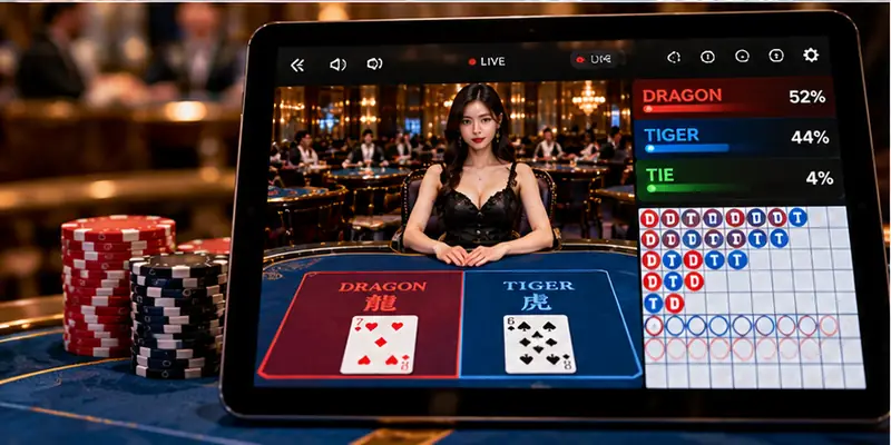 A Dragon Tiger casino table displaying the Dragon and Tiger betting positions with two playing cards.