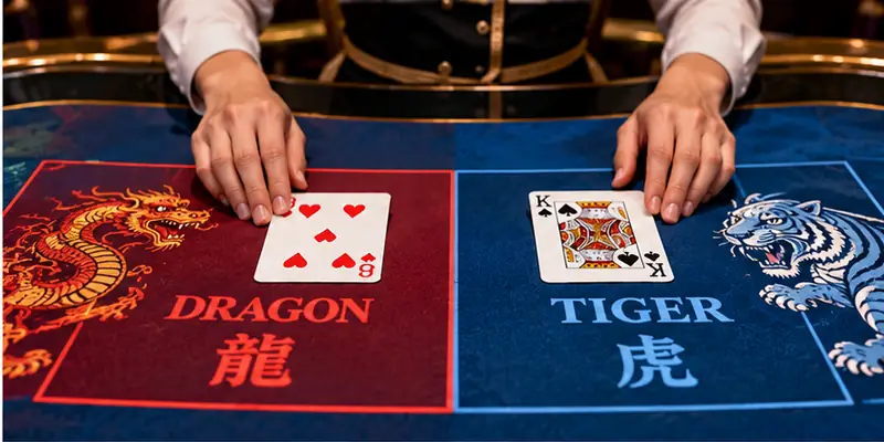 Casino chips and Dragon Tiger playing cards arranged on a betting table to illustrate financial planning